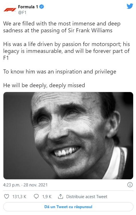 Cine a fost Sir Frank Williams, legendarul fondator al Williams Racing care a murit la 79 de ani