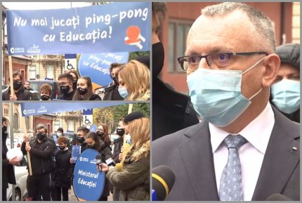 Protest al elevilor în faţa ministerului Educaţiei şi Sorin Cîmpeanu care dă declaraţii