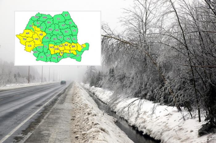 Alertă de vreme severă emisă de ANM. Ploi, ninsori și polei în București și 17 judeţe, până luni