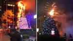Brad de Crăciun incendiat în Times Square din Manhattan. Flăcări uriașe s-au ridicat la cer din pomul înalt de 15 metri