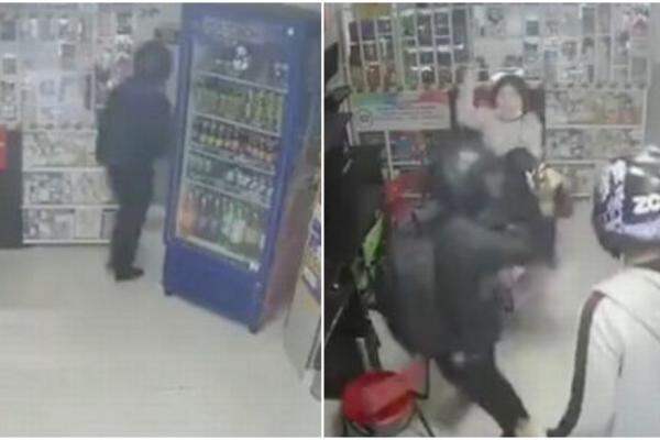 O adolescentă a fost surprinsă de camerele de supraveghere ale unui magazin mânuind o macetă în faţa unui tâlhar înarmat care o amenința pe mama ei