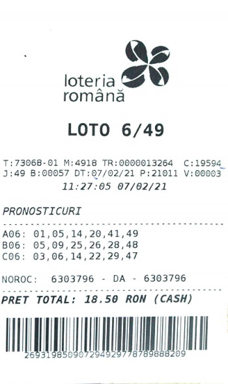 Bilet câştigător la loto 6 din 49, din 7 februarie 2021 Bilet câştigător la loto 6 din 49, din 7 februarie 2021