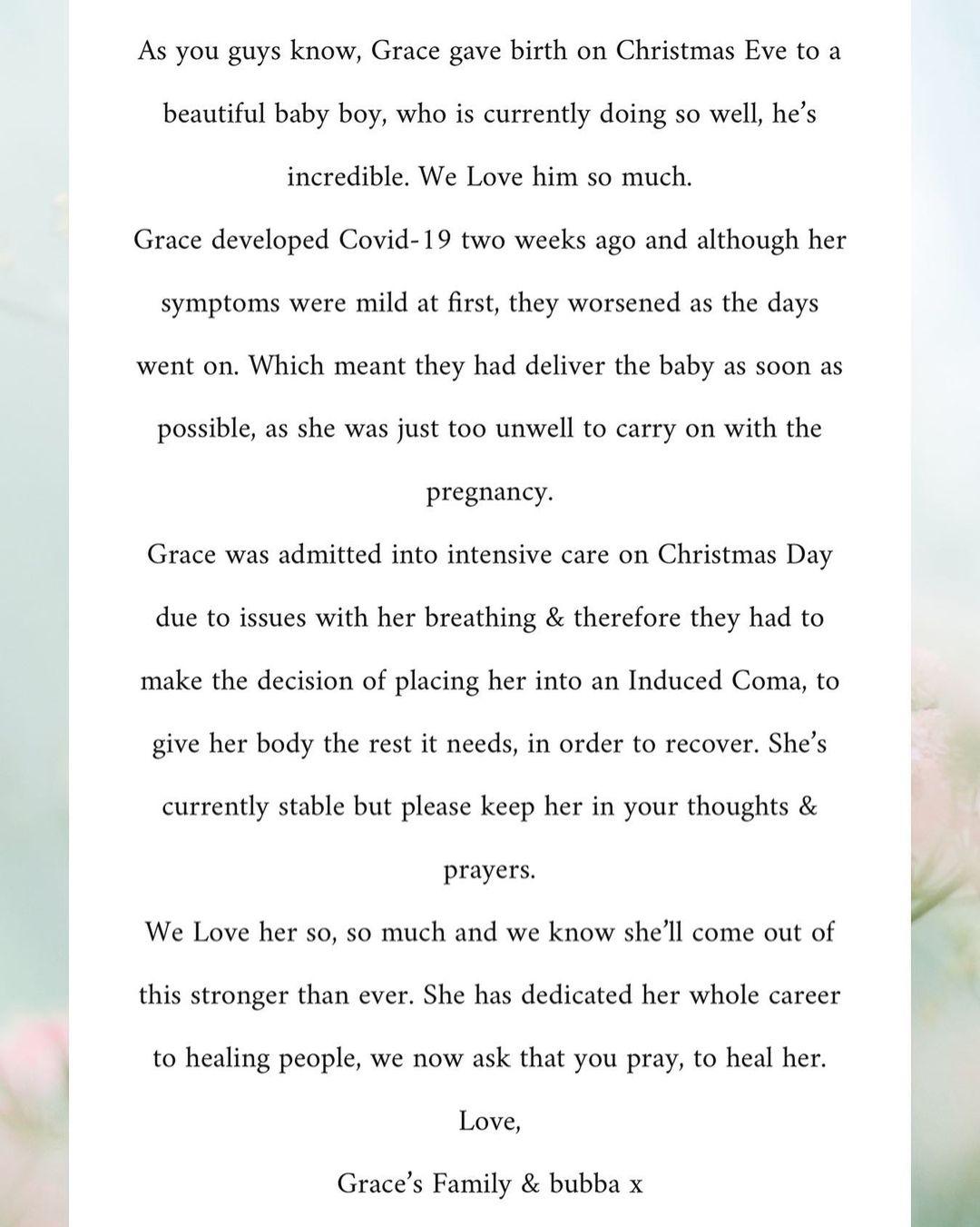 Mesaj postat pe pagina de Instagram a lui Grace Victory