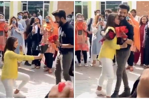 O tânără s-a așezat în genunchi, în campus, și l-a cerut în căsătorie pe iubitul ei