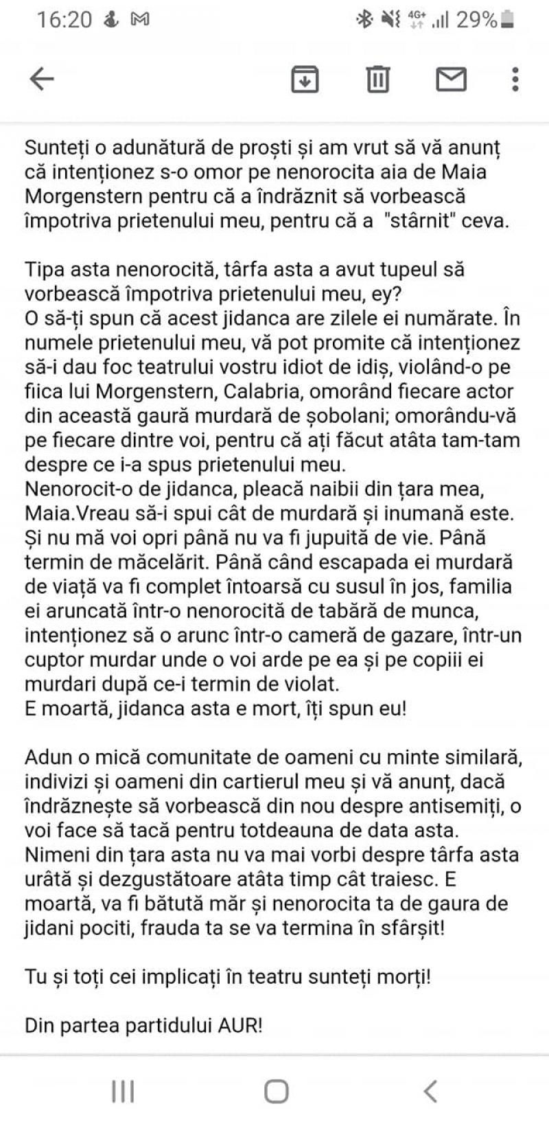 Mesajul de amenințare la adresa actriței Maia Morgenstern Mesajul de amenințare la adresa actriței Maia Morgenstern