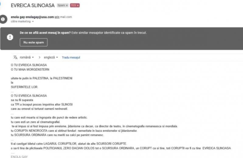 Un nou mesaj de ură la adresa Maiei Morgenstern Un nou mesaj de ură la adresa Maiei Morgenstern