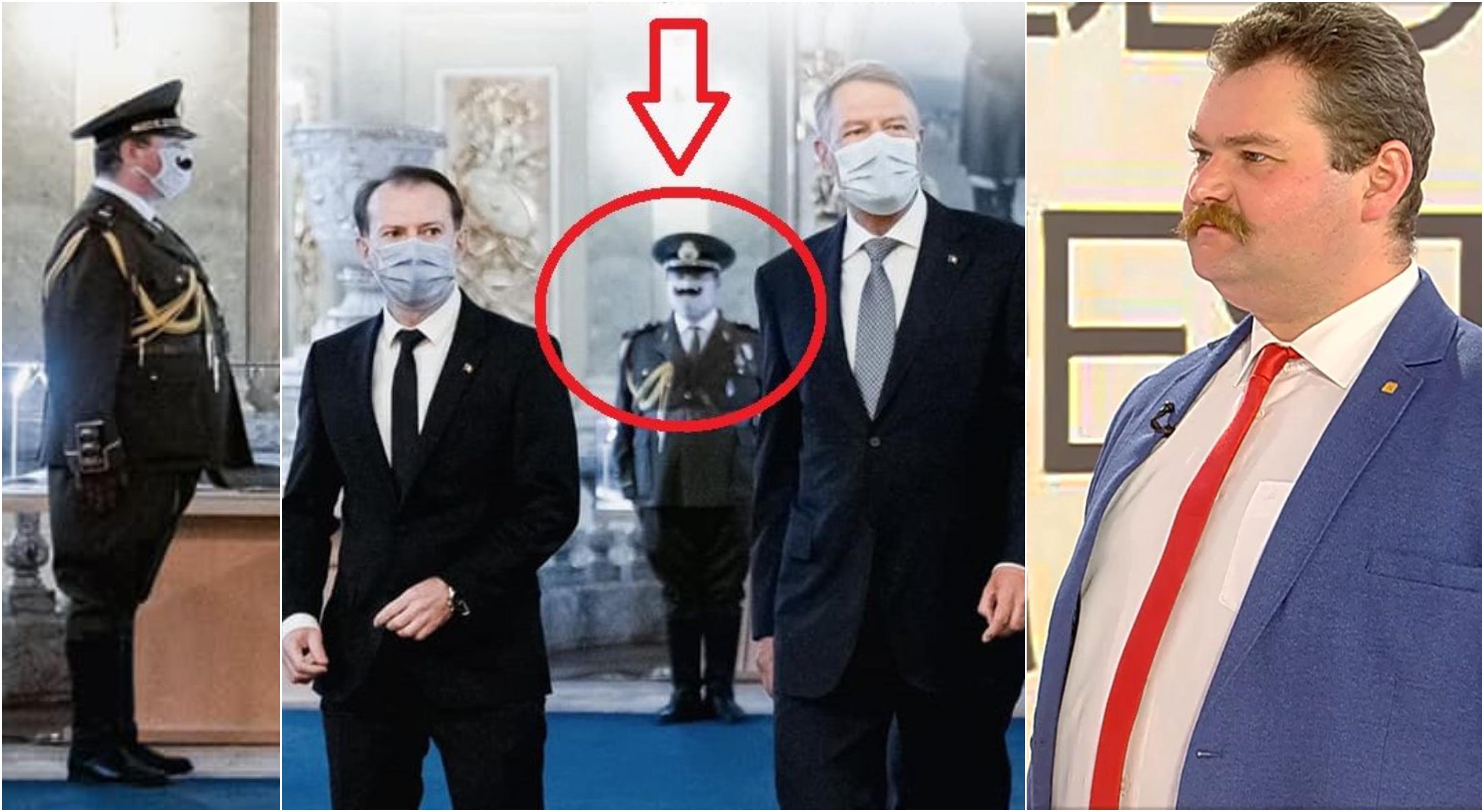 Colaj cu Emil Boboescu purtând o mască de protecţie cu mustaţă desenată pe ea şi un profil din timpul vizitei în platoul Observator