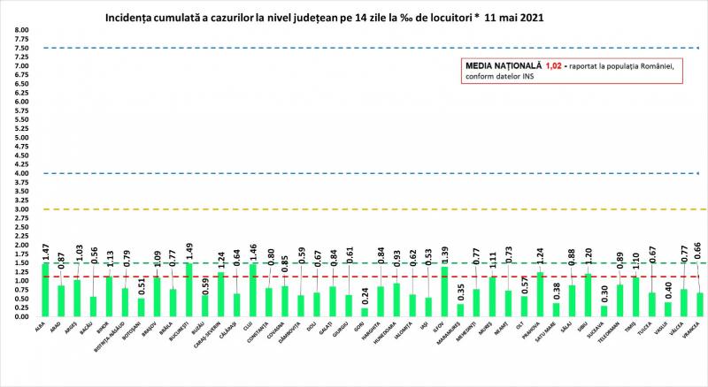 Incidenţa cumulată a cazurilor la nivel judeţean în ultimele 14 zile