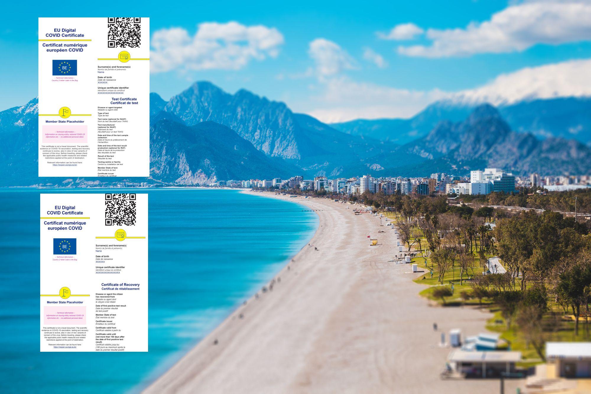 Colaj foto cu un peisaj la mare şi certificatele digitale UE privind Covid