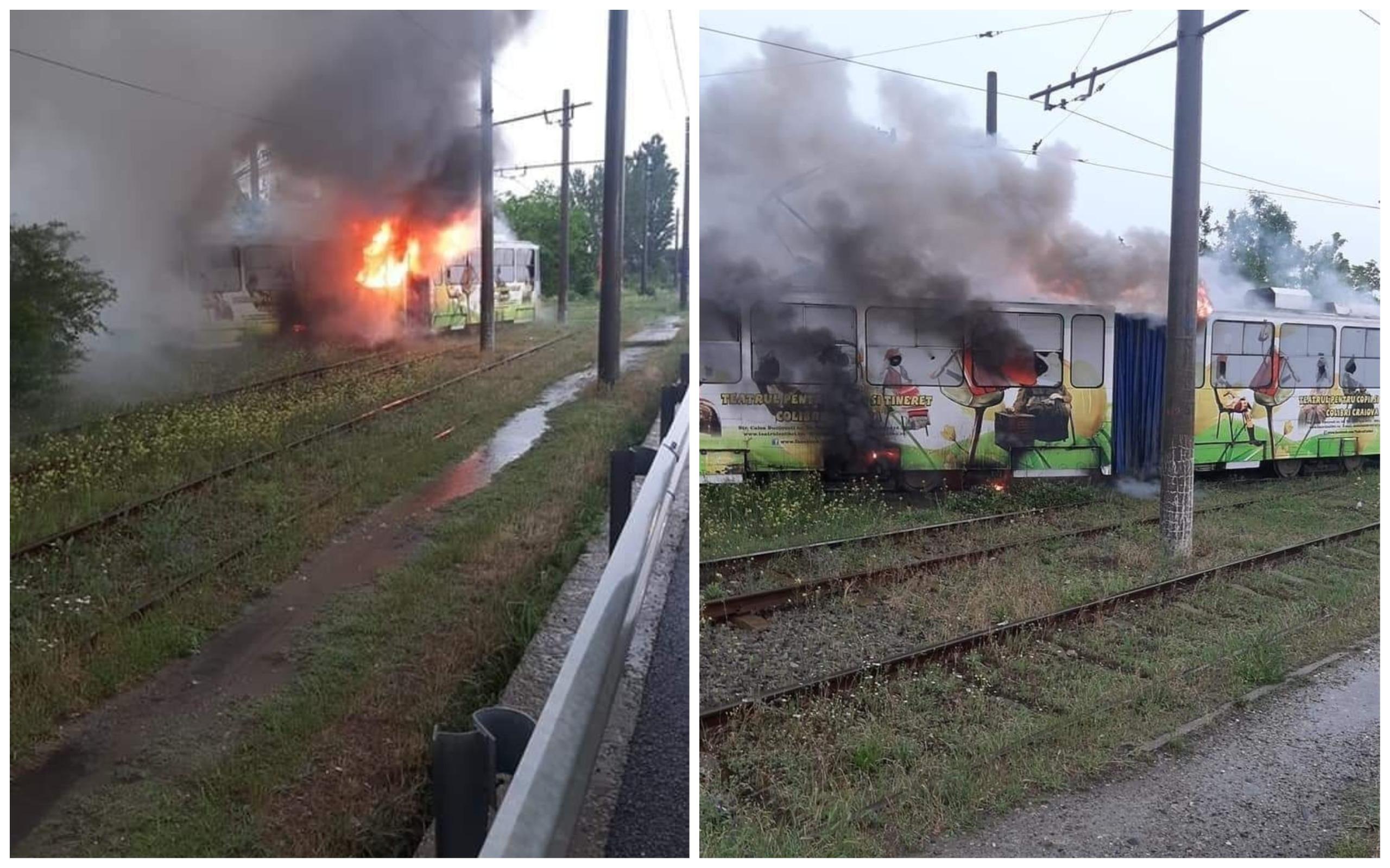 Un tramvai a luat foc, în mers, la Craiova