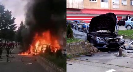 Cadavru carbonizat, descoperit într-un Mercedes care a luat foc într-o parcare din Arad. Victima nu a fost identificată