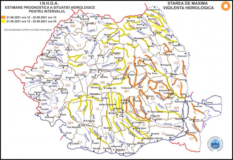 Depășiri ale cotelor de atenție pe zeci de râuri Avertizare hidrologică emisă de Institutul Național de Hidrologie și Gospodărire a Apelor