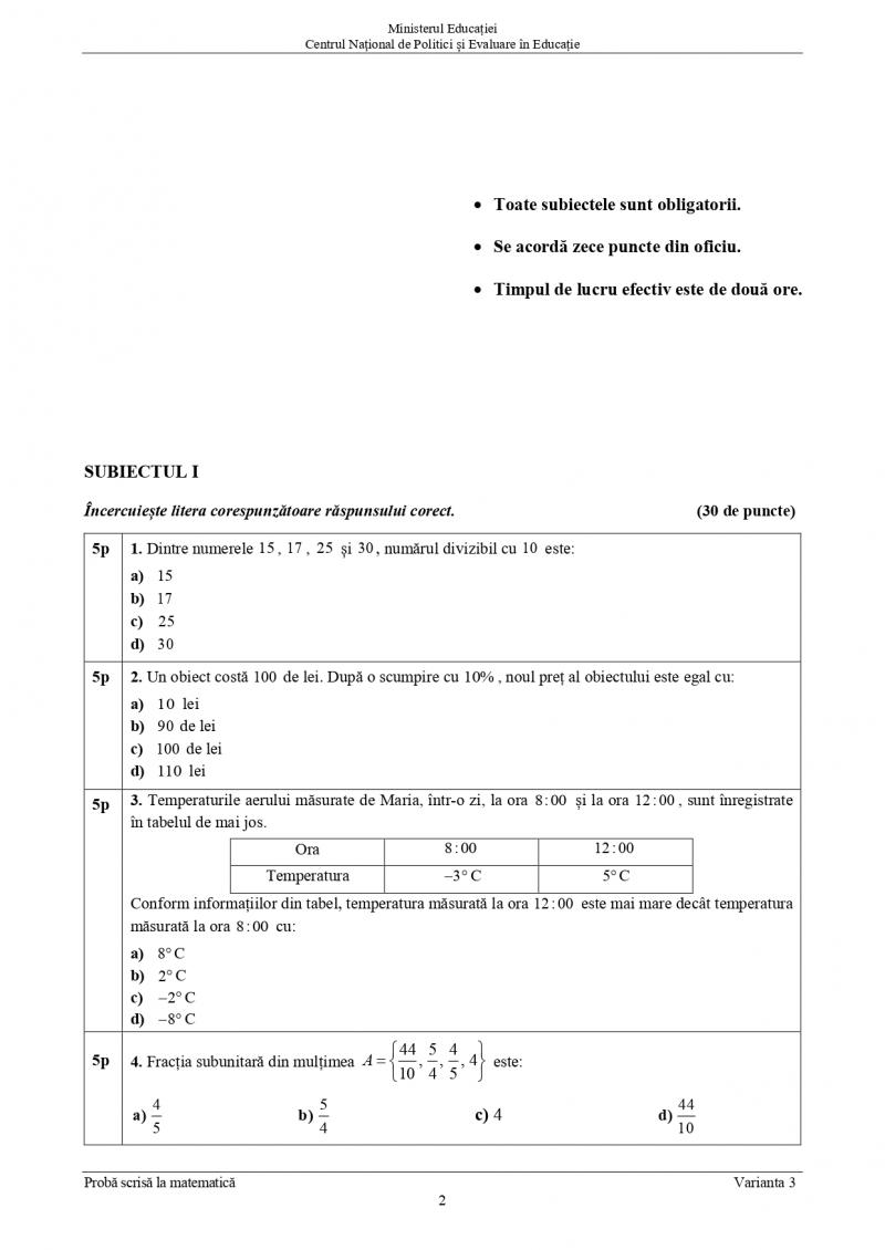 Subiectele la Matematică la Evaluare Naţională 2021 Subiectele la Matematică la Evaluare Naţională 2021