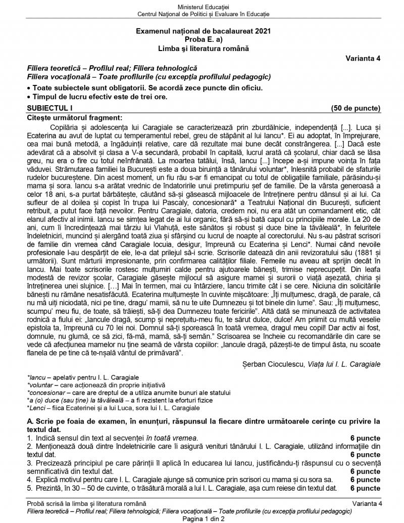 Subiecte BAC română profil real Subiecte BAC română profil real