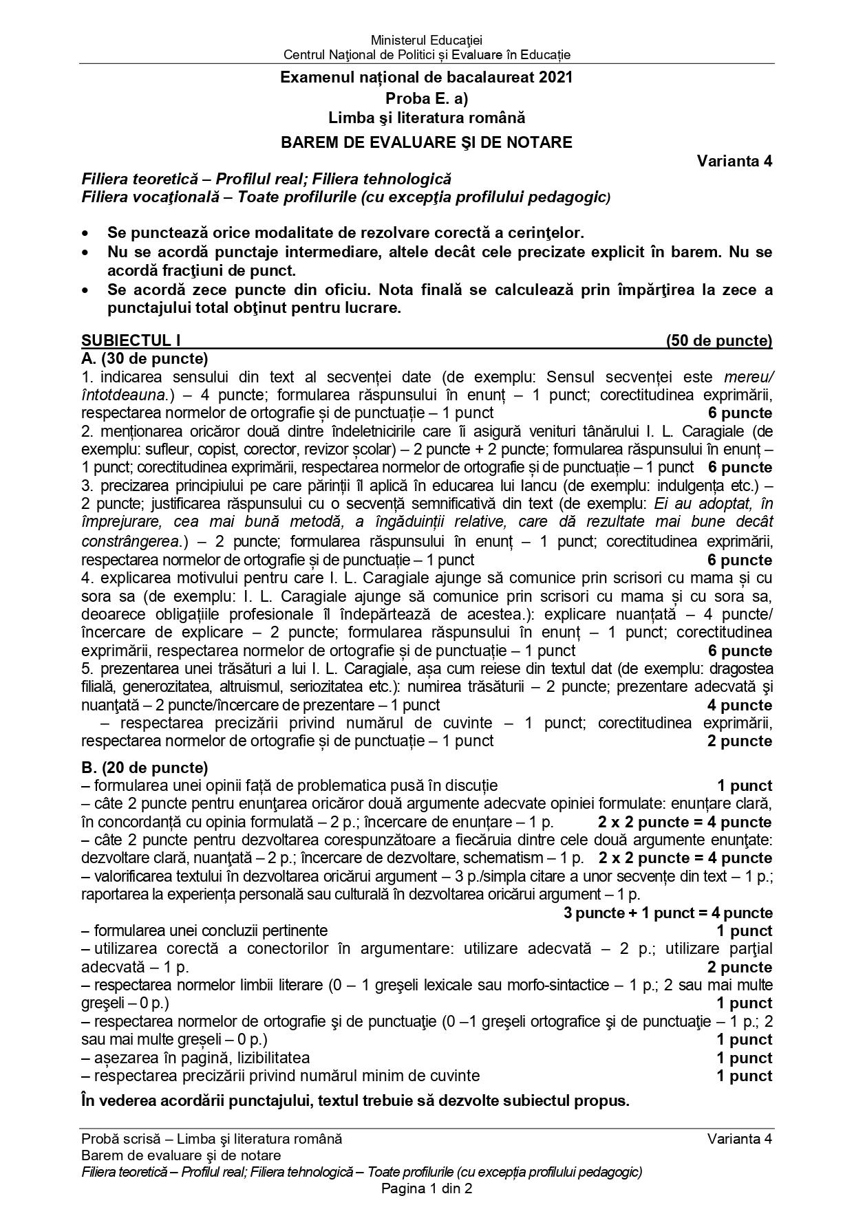 Barem Română BAC 2021 - profil real