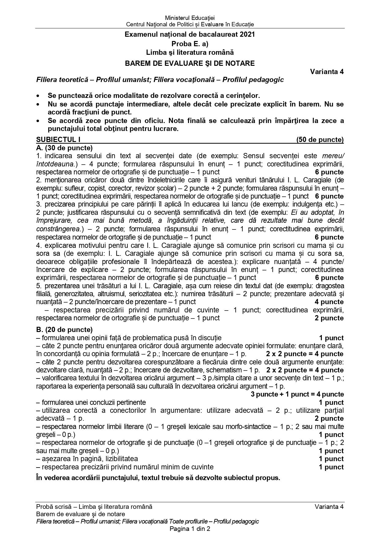 Barem rezolvare limba română BAC 2021 profil uman