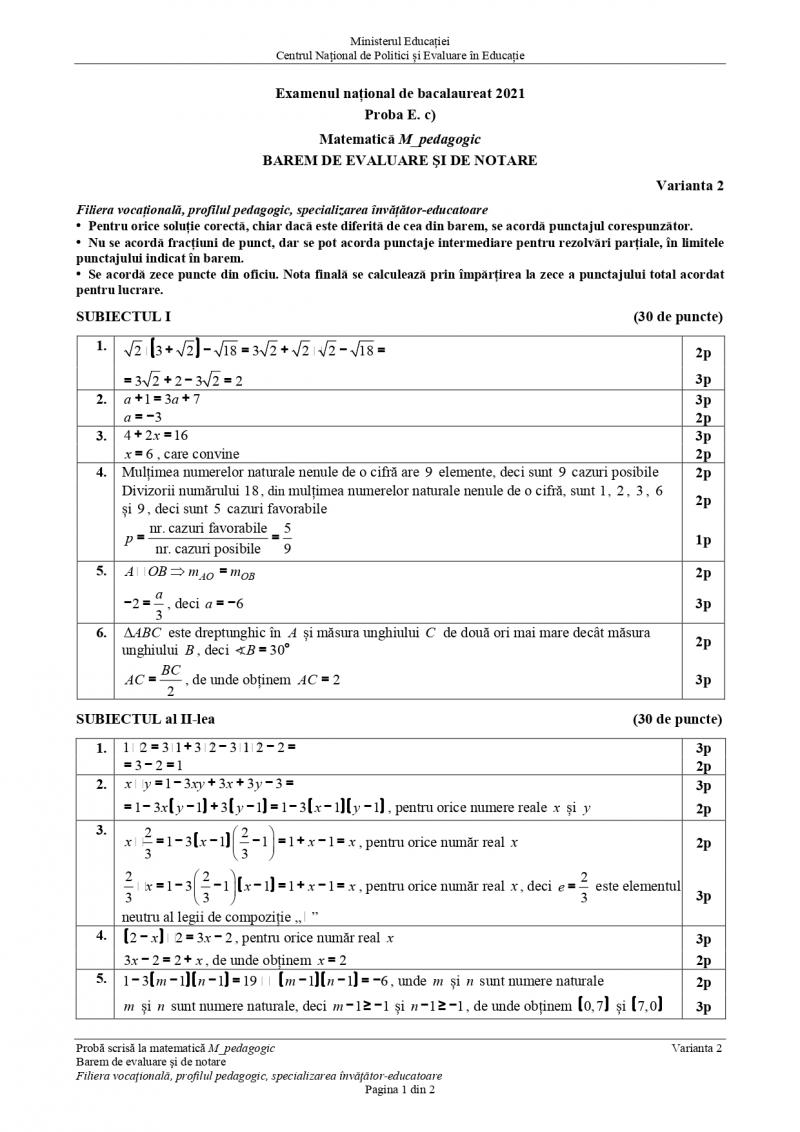 Barem matematică pedagogic BAC 2021 Barem matematică pedagogic BAC 2021