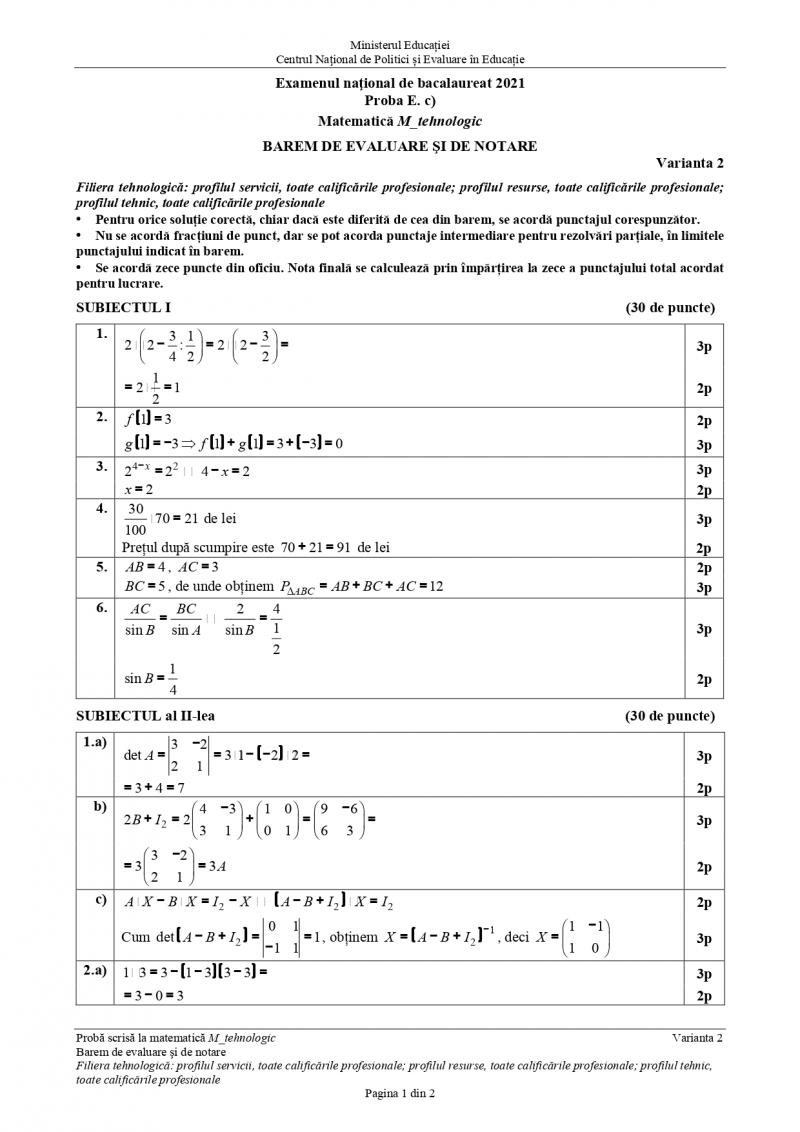 Barem matematica tehnologic BAC 2021 Barem matematica tehnologic BAC 2021