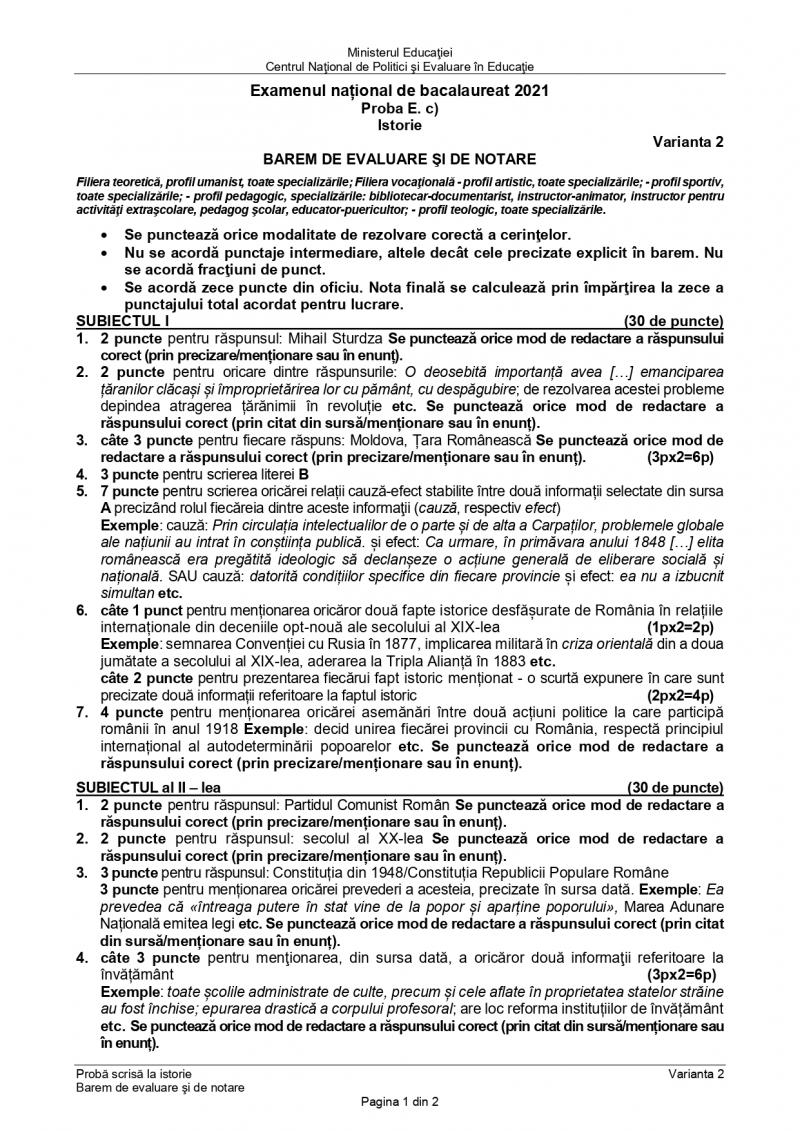 Barem de rezolvare la BAC 2021, la istorie Barem de rezolvare la BAC 2021, la istorie