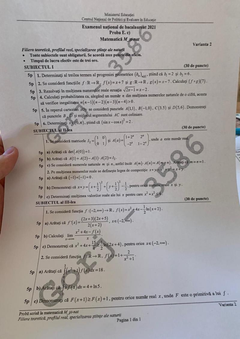 Subiecte BAC matematică ştiinţele naturii