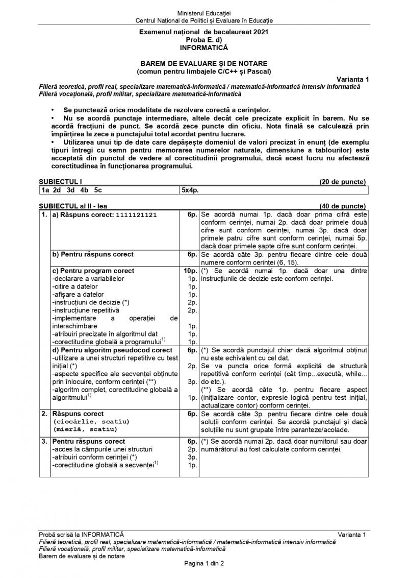 Barem BAC informatică Barem BAC informatică