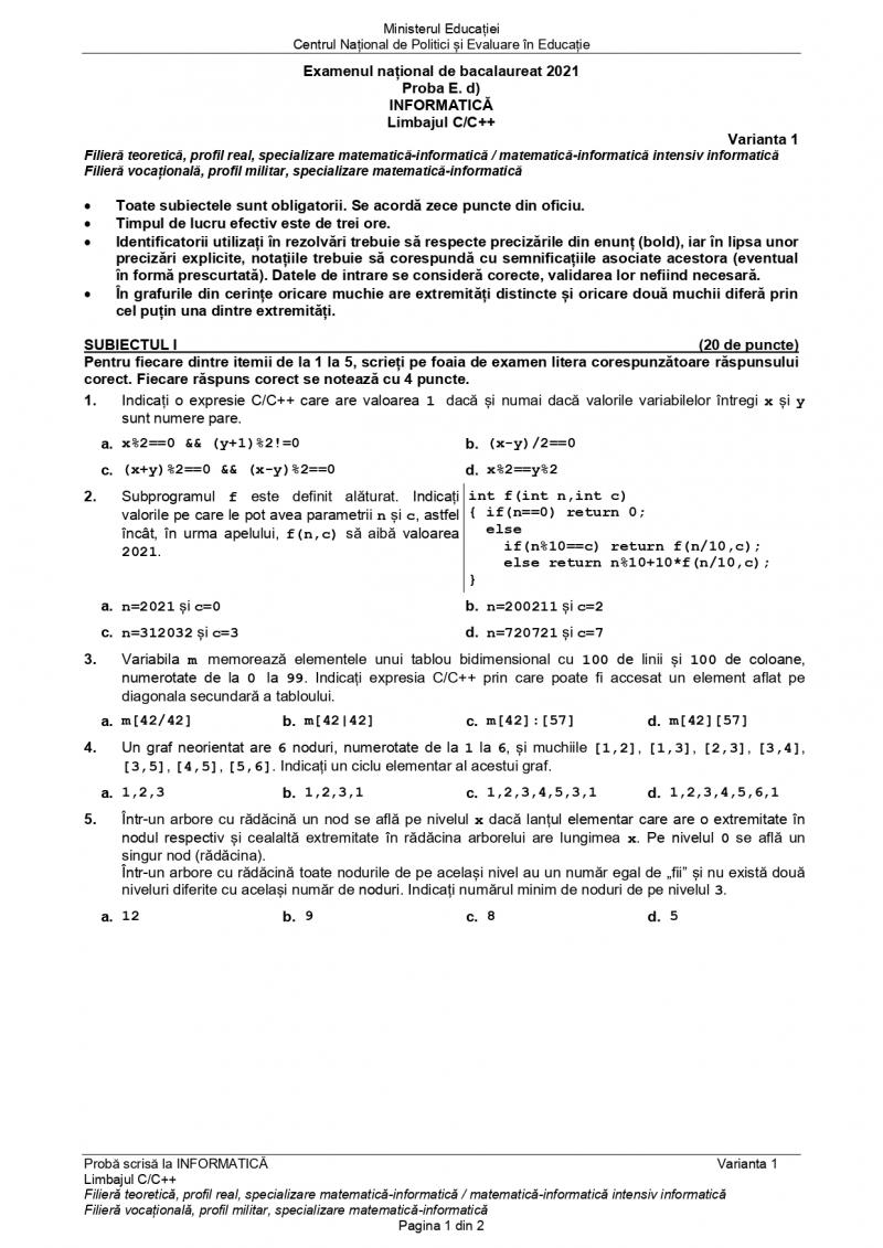 Subiecte BAC informatică Subiecte BAC informatică