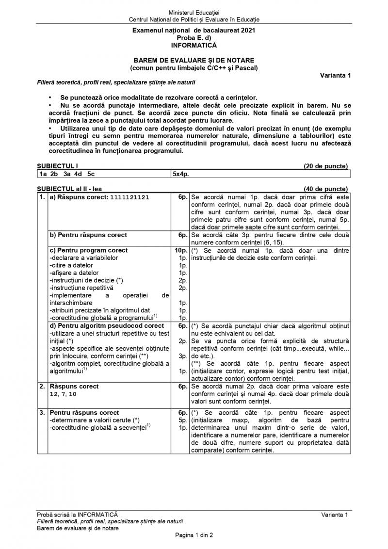 Barem BAC informatică - ştiinţele naturii Barem BAC informatică - ştiinţele naturii