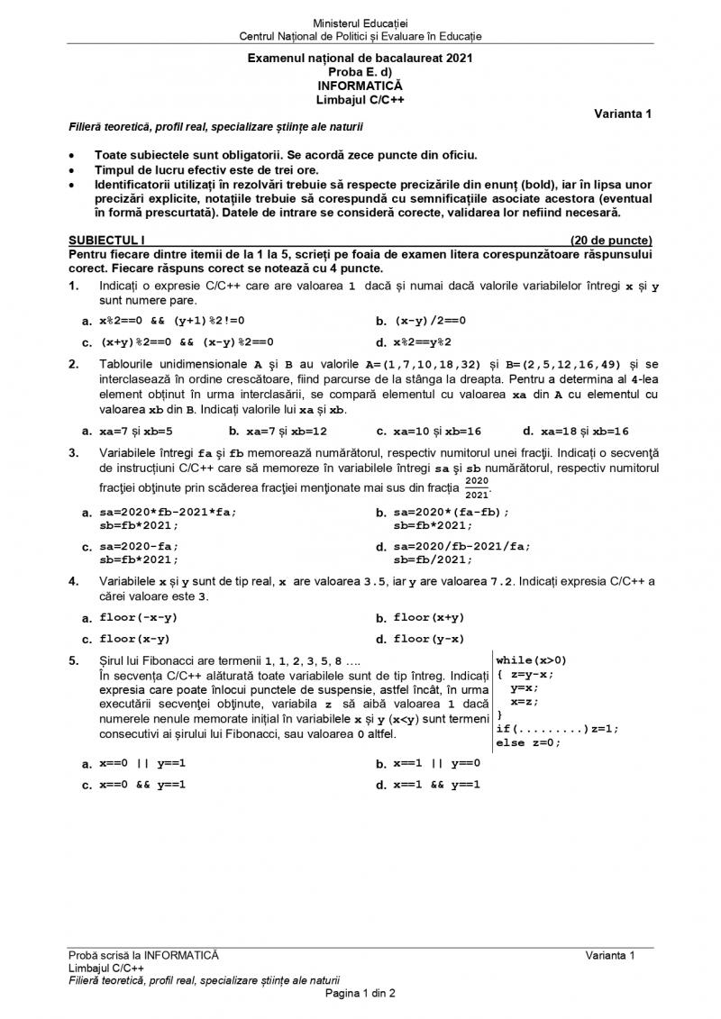 Subiecte BAC informatică ştiinţele naturii Subiecte BAC informatică ştiinţele naturii