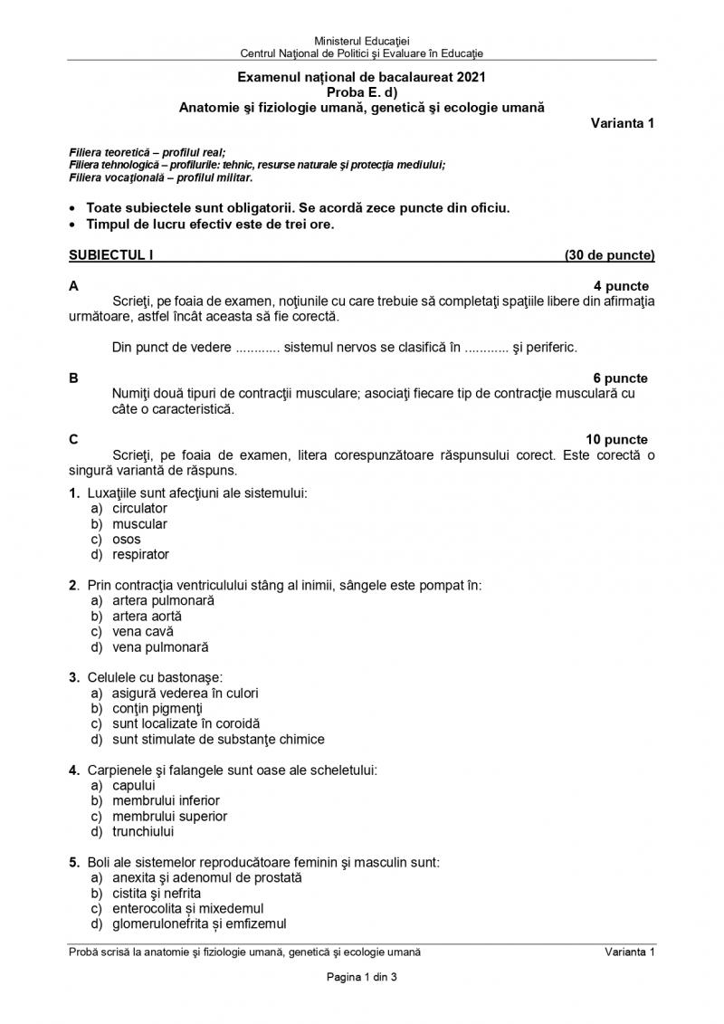 Subiecte BAC anatomie Subiecte BAC anatomie