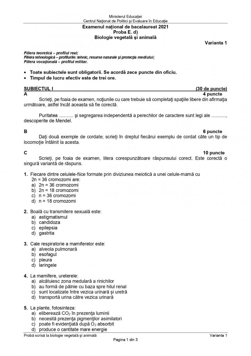 Subiecte BAC biologie