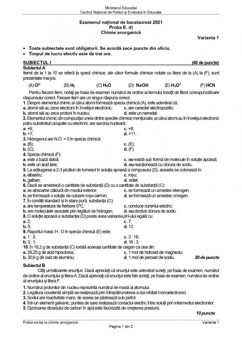 Subiecte BAC chimie anorganica