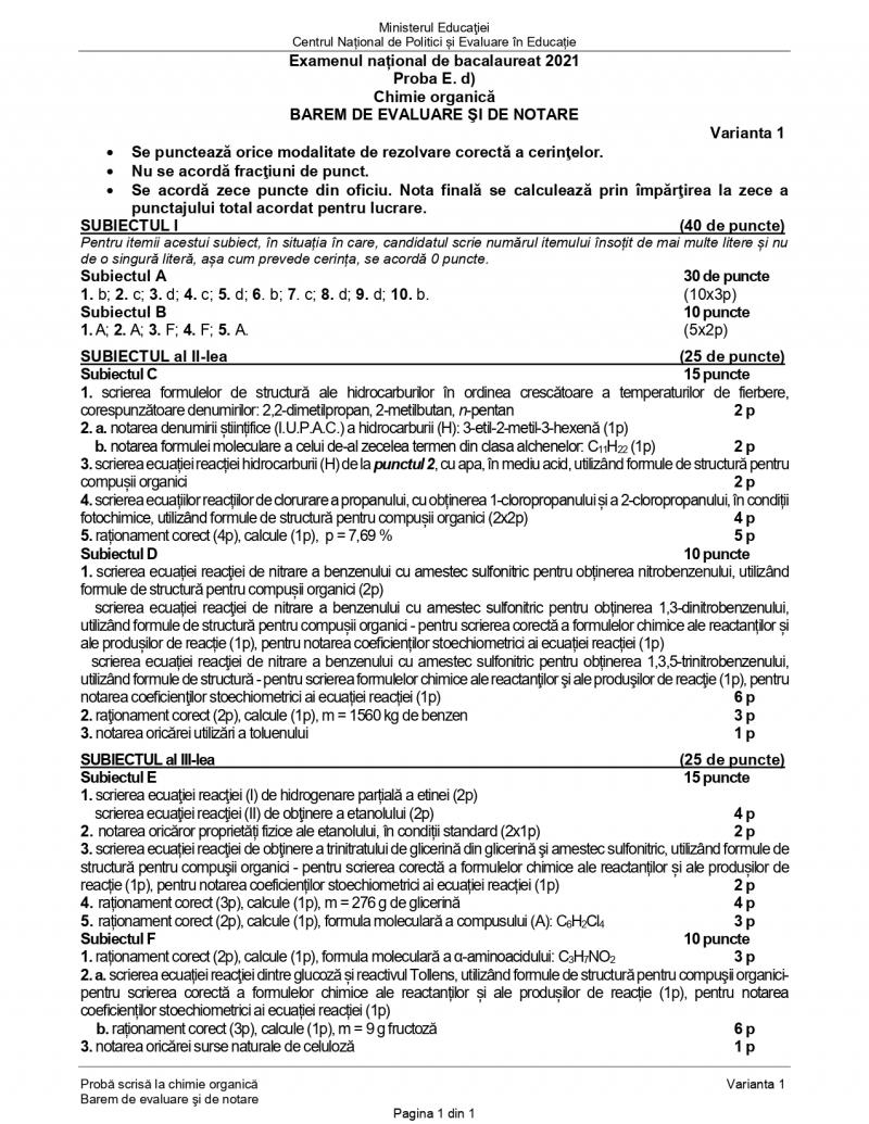 Barem BAC chimie organica