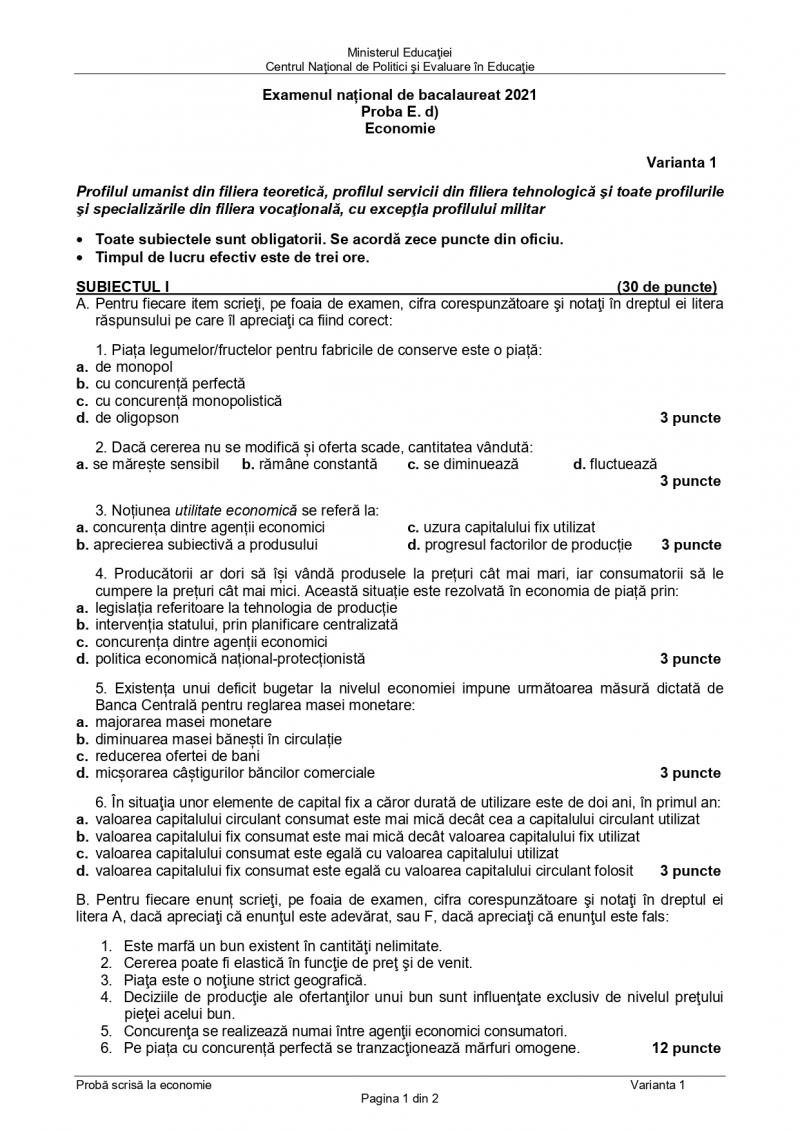 Subiecte BAC economie