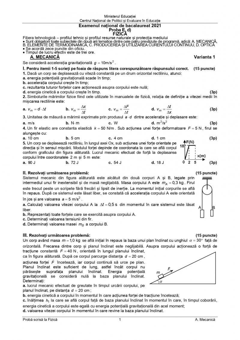 Subiecte BAC fizică tehnologic
