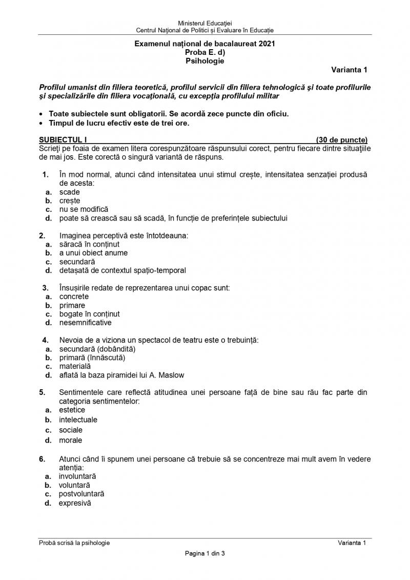 Subiecte BAC psihologie
