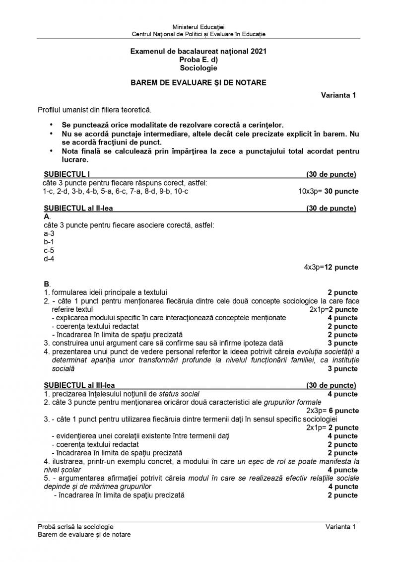Barem BAC sociologie