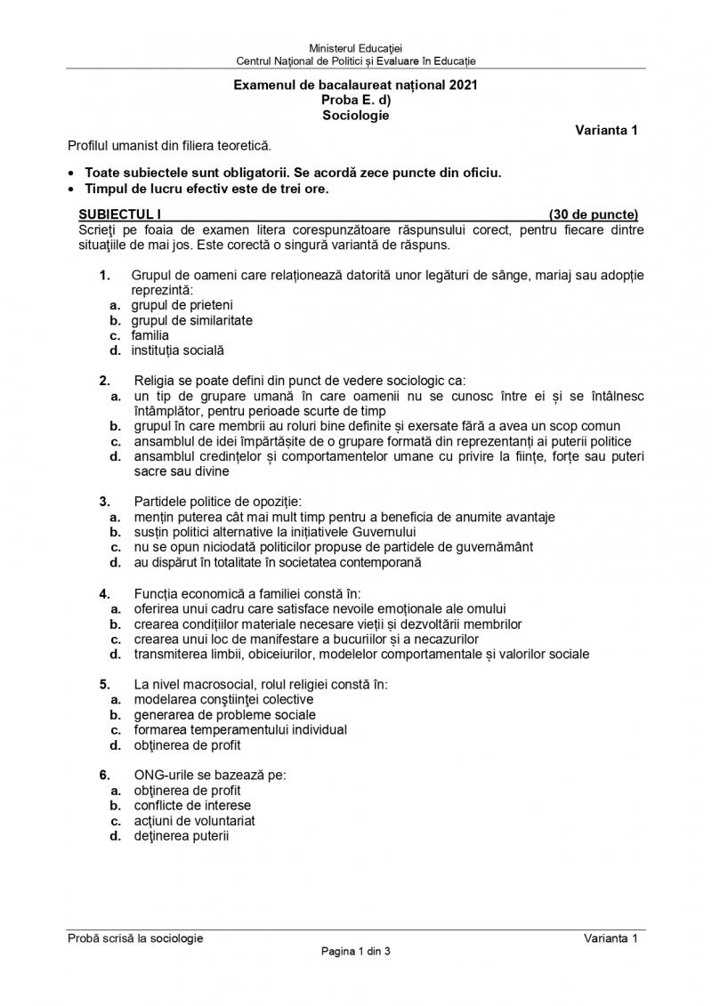 Subiecte BAC Sociologie
