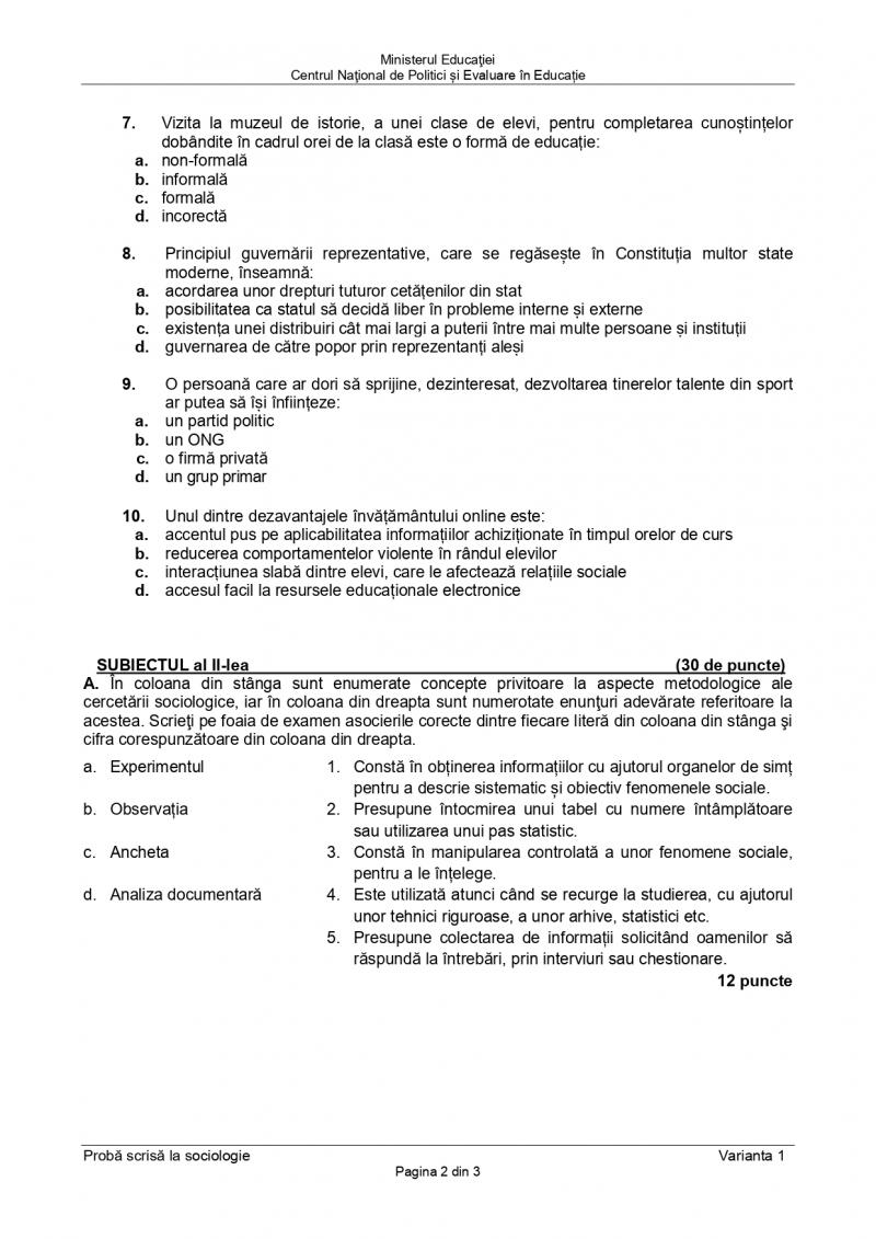 Subiecte BAC Sociologie