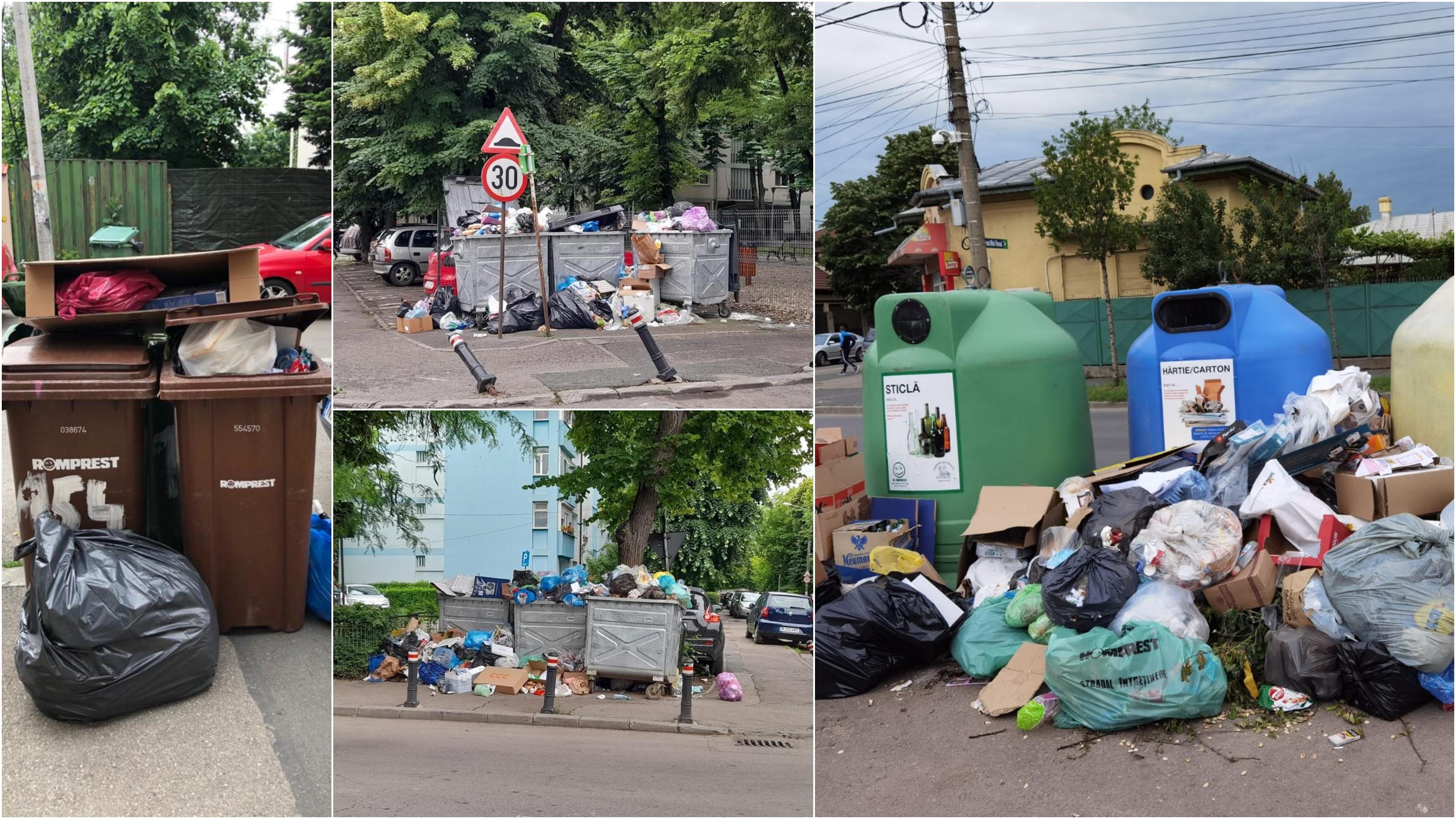 Colaj cu imagini din sectorul 1 unde gunoiul nu a mai fost ridicat de pe străzi