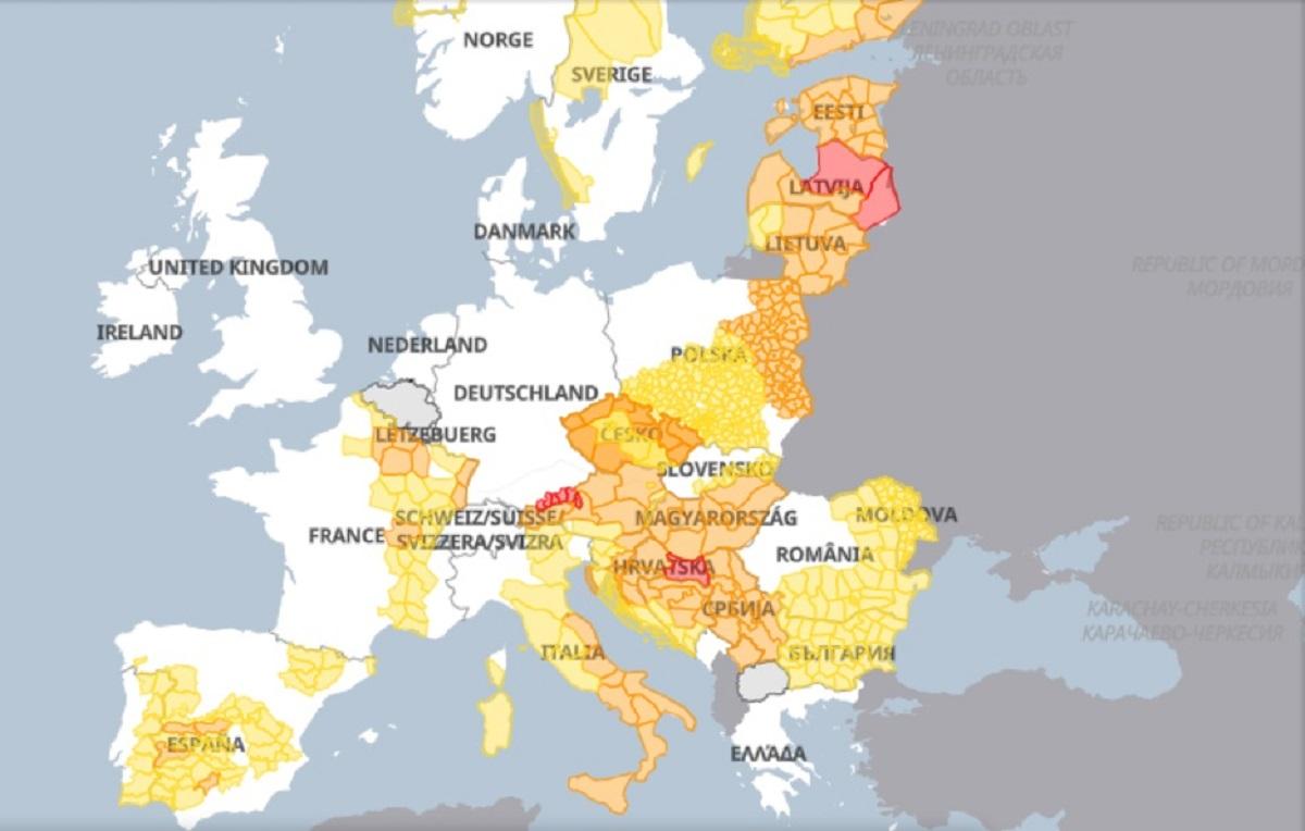 Harta avertizări meteo, Europa - 18 iulie