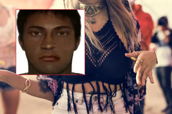 Colaj cu o femeie la un festival şi cu o Imagine generată de computer cu portretul lui Muhammad Khan