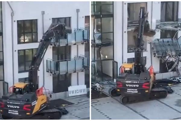 Un constructor a distrus cu un excavator o clădire de apartamente, de supărare că nu ar fi fost plătit de dezvoltator