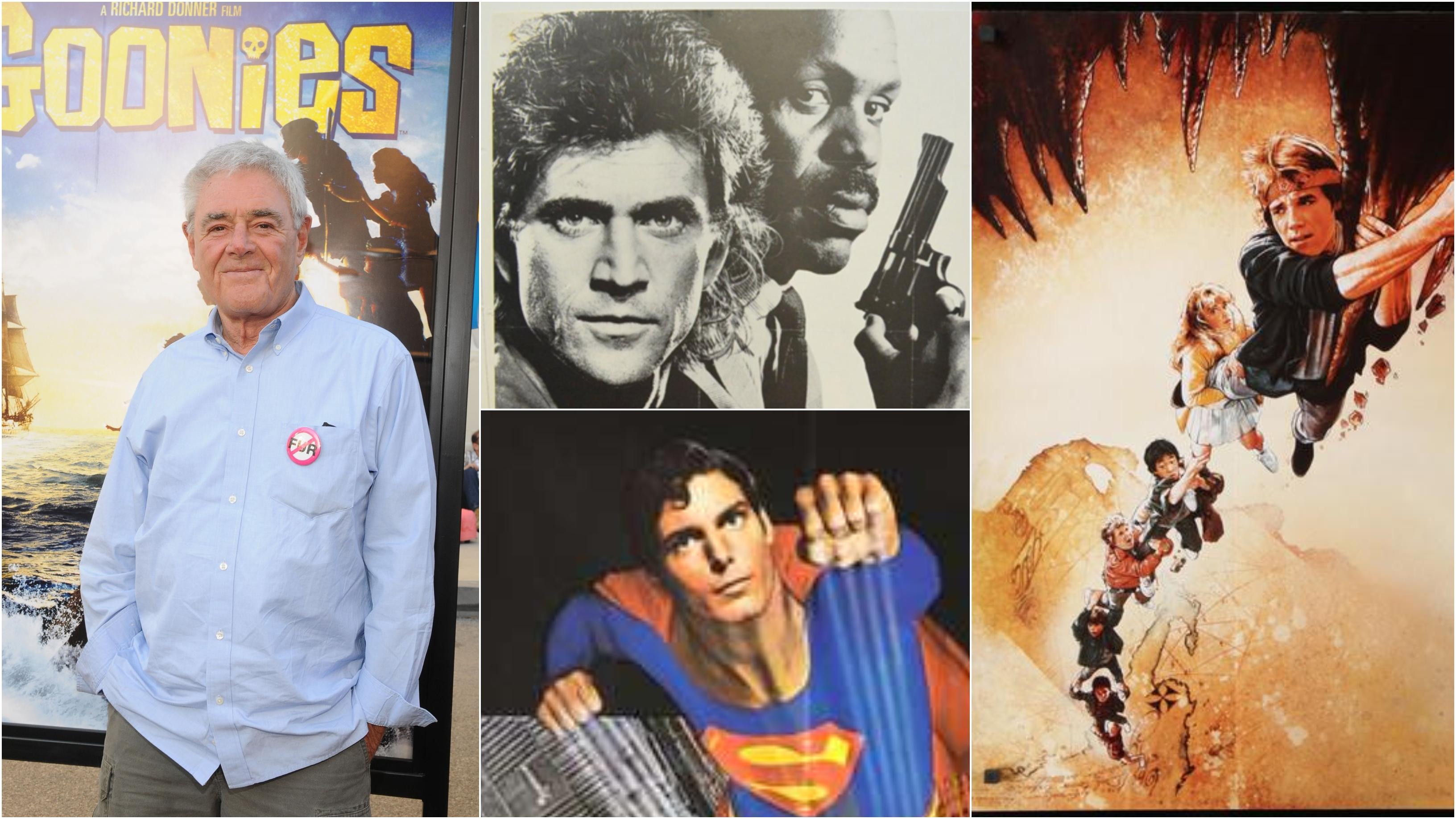 Richard Donner este considerat creatorul primului film modern cu supereroi Richard Donner alături de afişele filmelor Superman, Lethal Weapon si The Gooners
