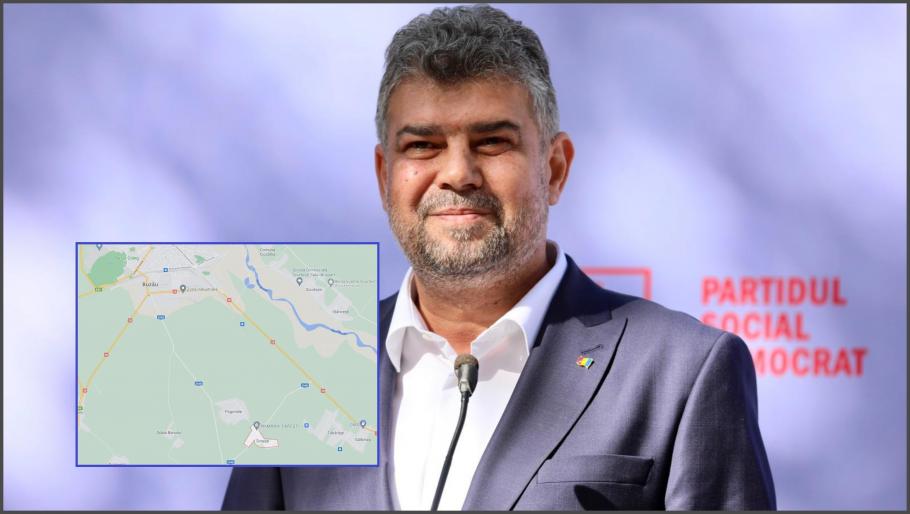 Marcel Ciolacu, liderul PSD, susţine lărgirea administrativă a Băzului Colaj cu Marcel Ciolacu, lider PSD, şi o hartă pe care apar oraşul Buzău şi comuna Ţinteşti