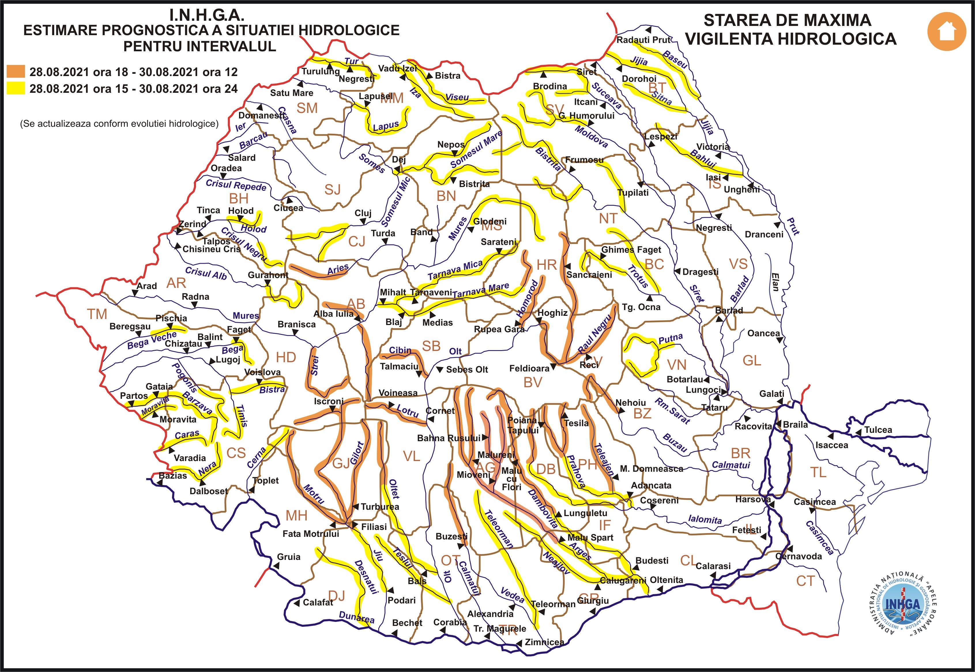 Avertizare hidrologică de inundații, 28 august 2021