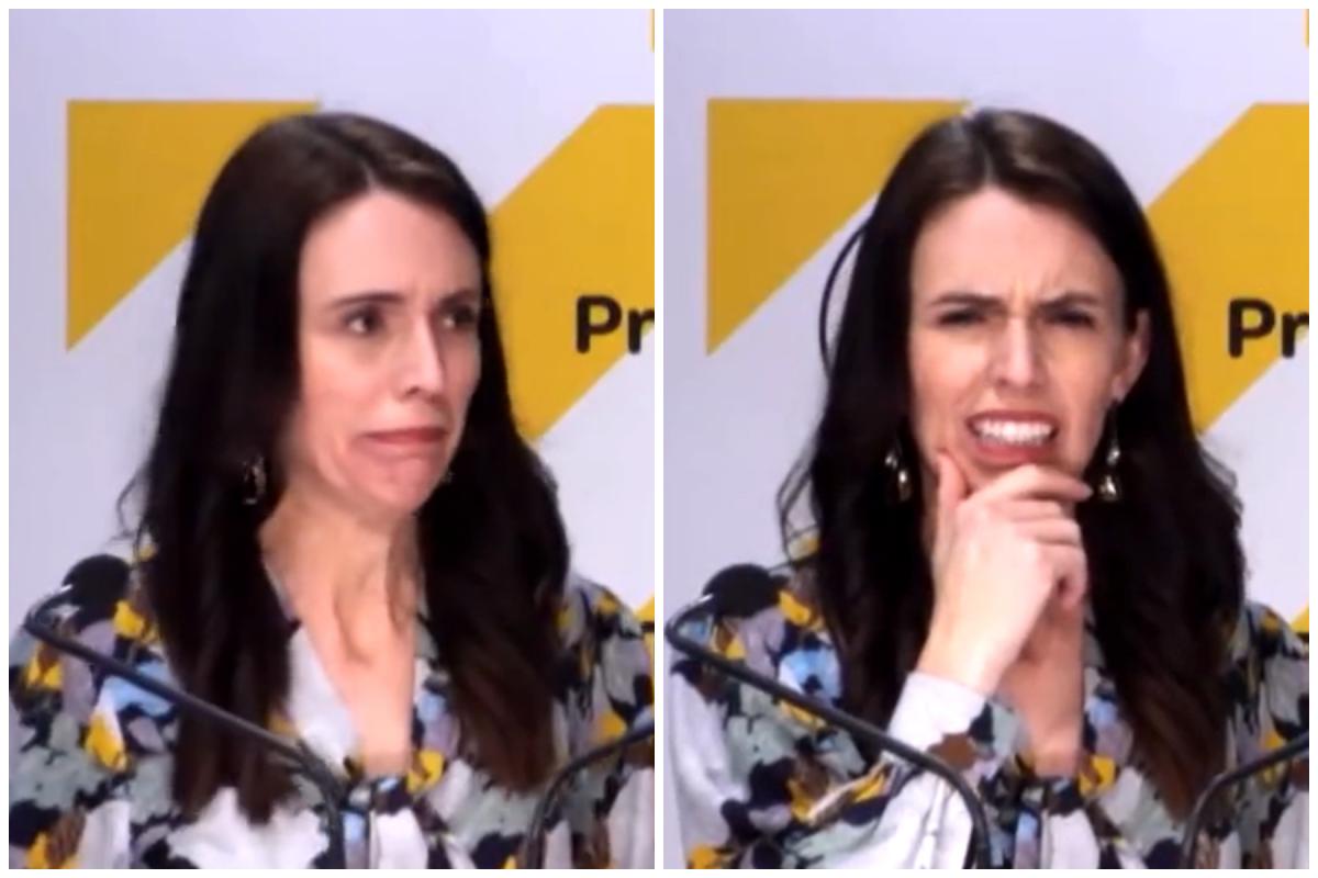 Reacţia premierului Jacinda Arden, în timpul unei conferinţe de presă Reacţia premierului Jacinda Arden, în timpul unei conferinţe de presă