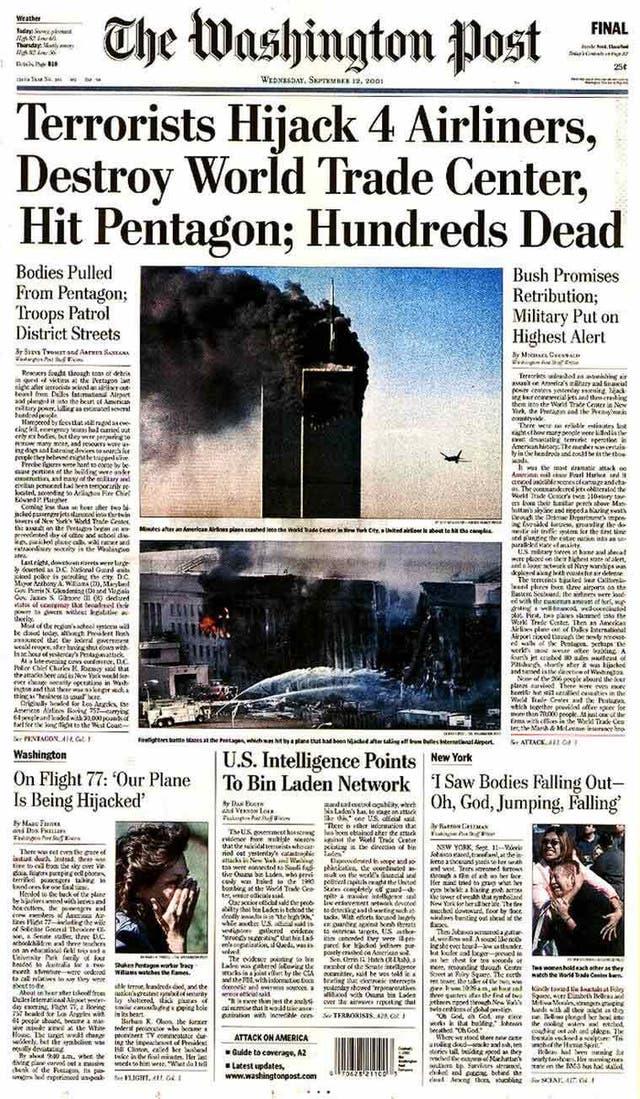 Prima pagină a ziarului, după atacurile teroriste de la 11 septembrie 2001