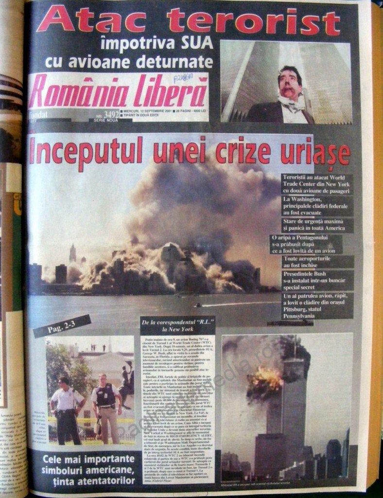Prima pagină a ziarului România Liberă, după atacurile teroriste de la 11 septembrie 2001