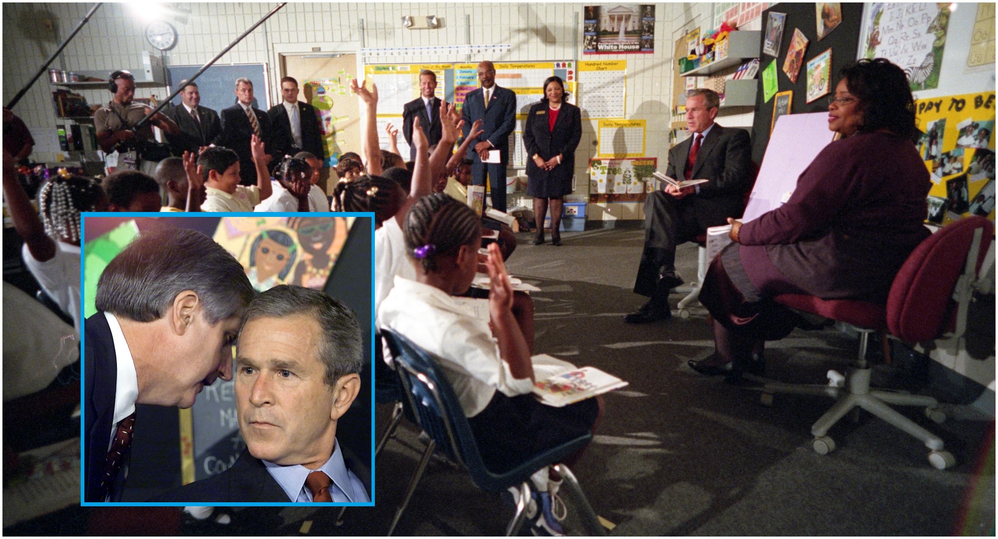 George W. Bush primește vestea atacurilor de la 11 septembrie 2001 în timpul unei lecții la o școală din Florida