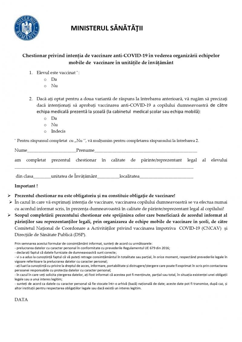 Noul chestionar pentru vaccinarea elevilor a fost aprobat şi va fi trimis în şcoli - DOCUMENT
